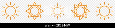 Satz von Sonnensymbolen. Wettersymbol. Vektordarstellung isoliert auf weißem Hintergrund Stock Vektor