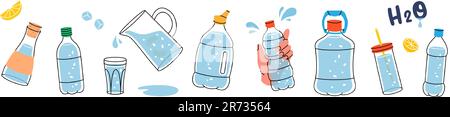 Verschiedene Arten von Flaschen. Trink mehr Wasser. Wasserflaschen aus Kunststoff. Gläser, Flaschen, Kanne, Becher, Flasche mit sauberem Wasser. Vektordarstellung. Stock Vektor