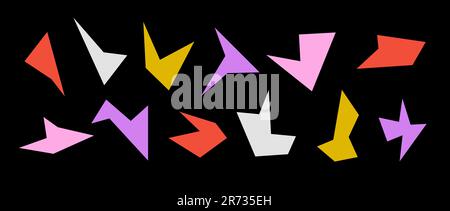 Einfache, farbenfrohe, scharfe, unregelmäßige Formen. Abstrakte geometrische Akutelemente-Sammlung. Asymmetrische Winkelformen für Banner, Collagen, Poster, Aufkleber. Vektordesign-Bündel auf dunklem Hintergrund. Stock Vektor