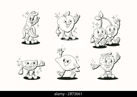 Cartoon-Charaktere Im Retro-Stil Mit Früchten. Lustige Comic-Illustration mit Banane, Kirsche, Zitrone, Erdbeere, Wassermelone und Pfirsich im trendigen Groovy-Stil Stock Vektor