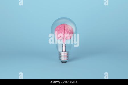 Gehirn an Glühbirne auf blauem Hintergrund. Konzept von Inspiration, Kreativität, Idee, Innovation. 3D-Rendering. Stockfoto