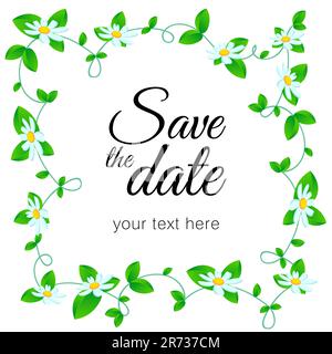 Botanische Karte mit Wildblumen und grünen Blättern. Sommerschmuck-Konzept. Blumenposter, einladen. Dekorative Grußkarte oder Einladung im Vektorlayout Stock Vektor
