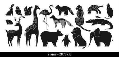Tiergravierungs-Set. Süßes Papageienhörnchen, Frosch, Giraffe. Panda und Bärenpinguin. Figuren für Säugetiere, die Ihr Baby entwerfen kann. Hirschkatzenschildkröte Fuchs Löwe Tiger Vektordruck Stempel Dschungel Kollektion Stock Vektor