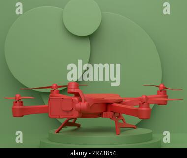 Abstrakte Szene oder Podium mit Drohne oder Quad-Hubschrauber mit Action-Kamera auf einfarbigem Hintergrund. 3D-Rendering der Szene für Produktpräsentation Personal A Stockfoto