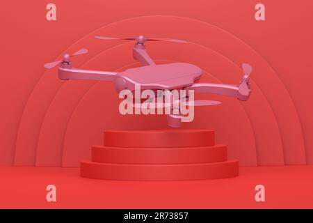 Abstrakte Szene oder Podium mit Drohne oder Quad-Hubschrauber mit Action-Kamera auf einfarbigem Hintergrund. 3D-Rendering der Szene für Produktpräsentation Personal A Stockfoto