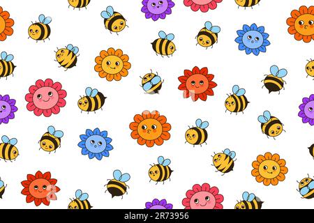 Bienenhonig und Blumen Retro-Cartoon mit nahtlosem Muster. Kinder Honigbienen Insektenfiguren mit lustigen Gesichtern Sommer endlos Hintergrund. Ornament Comic Wiese Bienen kritzeln endlose Illustration wiederholen Stock Vektor