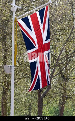 Der Union Jack, die britische Flagge, die vor der Krönung entlang der Mall flog, London, England, Stockfoto