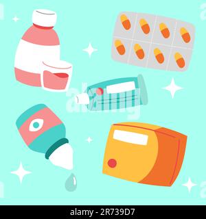 Süßes medizinisches Stickerset. Handgezogene Healthcare Cartoon Doodle Medicine Salbe Kapseltablettensirup. Ein Bündel Kindergrafiken für Hospita Stock Vektor
