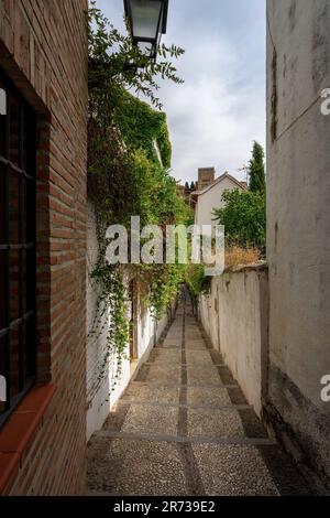 Straße des traditionellen Albaicin-Viertels mit Alhambra-Türmen im Hintergrund - Granada, Andalusien, Spanien Stockfoto