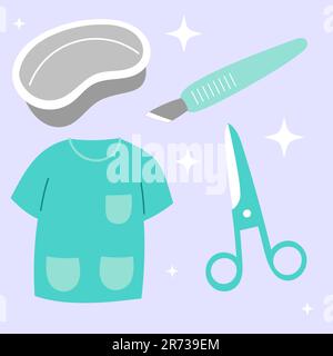 Süßes medizinisches Stickerset. Handgezogene Healthcare Cartoon Doodle chirurgische Klingenschere Uniform. Ein Kindergartenblatt für die Klinik Stock Vektor