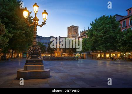 Plaza de Bib-Rambla bei Nacht mit Kathedralenturm - Granada, Andalusien, Spanien Stockfoto