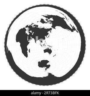 Vector-Weltkarte. Azimutale äquidistante Projektion. Geografische Karte mit Breiten- und Längengraden. Zentriert auf 120deg W Längengrad. Ve Stock Vektor