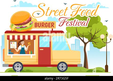 Street Food Festival Event Vector Illustration mit People and Foods Trucks im Summer Outdoor City Park in Flat Cartoon handgezeichnete Vorlagen Stock Vektor