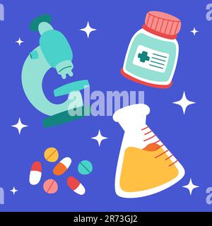 Süßes medizinisches Stickerset. Handgezogene Healthcare Cartoon Doodle Drug Mikroskop Tablettenkapsel. Ein Kindergartenblatt für die Klinik Stock Vektor