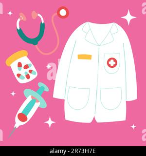 Süßes medizinisches Stickerset. Handgezogene Healthcare Cartoon Doodle Stethoskop Injektion Uniform Kapsel. Ein Bündel Kindergrafiken für das Krankenhaus Stock Vektor