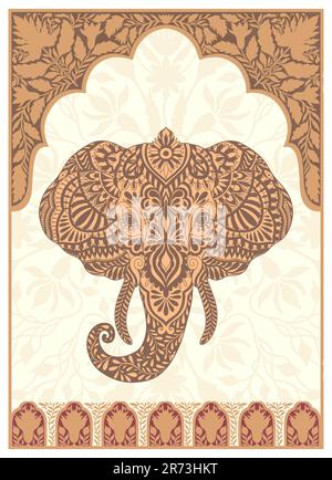 Elefantenkopf im geschichtsträchtigen Stil. Heiliges Tier von Mogul und Indien. Handgezeichnetes Design in linearem Stil. Stock Vektor