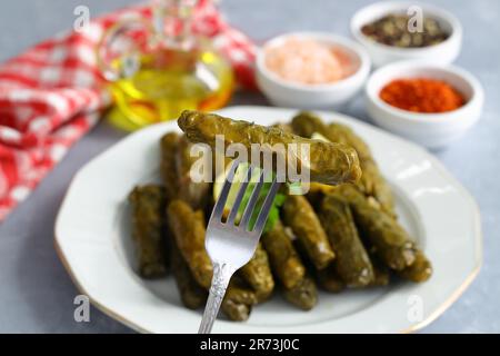 Gefüllte Grünkohle mit gekochten Blättern, traditionelles türkisches Schwarzmeerrestaurant, Sarma, Dolma. (Selektiver Fokus) Stockfoto