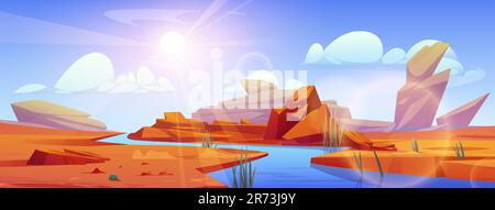 Der Fluss fließt durch die Sahara-Wüste. Vektor-Cartoon-Darstellung von heißen Sanddünen, Steinen am Ufer, grünen Pflanzen, die in der Nähe von Wasser wachsen, Sonnenlicht in der Luft, blauer Himmel mit weißen Wolken Stock Vektor
