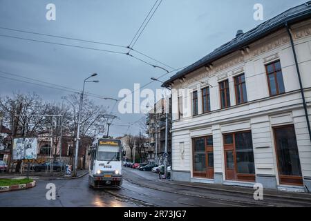 Bild einer Straßenbahn von Bukarest, die im Zentrum der Stadt vorbeifährt. Straßenbahnen sind eine Form des öffentlichen Nahverkehrs in Bukarest. Der Fahrer ist Stockfoto