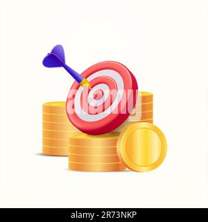 3D Pfeil auf die Mitte des Ziels mit gestapelten Münzen, isoliert auf dem Hintergrund. Konzept für Erfolg Geschäftsziel, Handel, Investitionen, Finanzen. 3D-Vektordarstellung. Vektordarstellung Stock Vektor