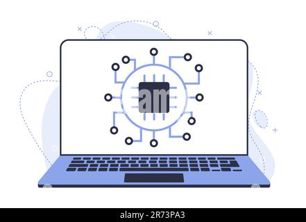Abbildung: Notebook mit neuem Chip. Neue Softwareversion. Verbesserte Eigenschaften Stock Vektor