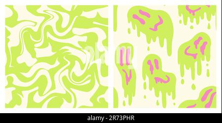 1970 Fluid Smile und Wavy Swirl Pattern Pack in Hellgrün und Pink. Siebzigerstil, Trippy Psychedelic Print, Hintergrundbild. Flaches Design, Hippie-Ästhetik. Handgezeichnete Vektordarstellung. Stock Vektor