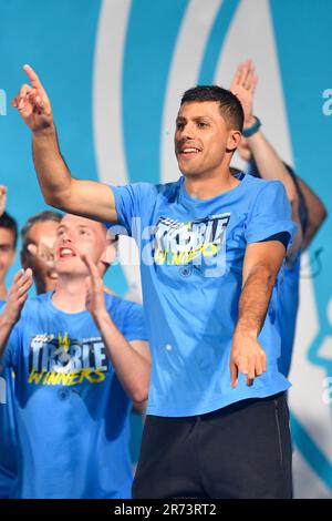 Manchester, Großbritannien. 12. Juni 2023. Rodri of Manchester City während der Siegesparade, die im Rathaus in Manchester endet. Foto: 12. Juni 2023. Das Bild sollte lauten: Gary Oakley/Sportimage Credit: Sportimage Ltd/Alamy Live News Stockfoto