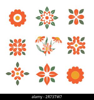 Einfache Blumen-Symbole. Geometrische Blumen isolierte Objekte. Farbenfrohes Design abstrakter Blumen. Stock Vektor