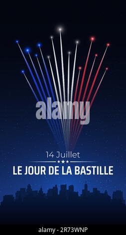 Banner 14. juli bastille Day in frankreich, Vorlage mit französischem farbenfrohem Feuerwerk auf dunklem Himmelshintergrund. Feuerwerk frankreich Flagge. Französischer Nationalfeiertag. Stock Vektor