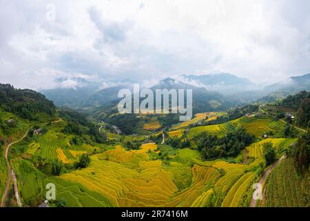 Majestätische terrassenförmige Felder im Bezirk Mu Cang Chai, Provinz Yen Bai, Vietnam. Reisfelder bereit für die Ernte im Nordwesten Vietnams. Stockfoto