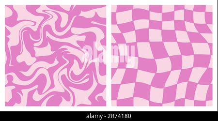 1970-Pack mit streifem Gitter und geschwungenem Muster in Rosa. Handgezeichnete Vektordarstellung. Siebzigerstil, Groovy Hintergrund, Hintergrund, Drucken. Flaches Design, Hippie-Ästhetik. Stock Vektor