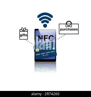 Infografiken mit Telefon und NFC. Mobiltelefon, NFC Smartphone mit Bezahlfunktion, Symbol für Apps und Websites. Online-Infografiken für Zahlungen. Kaufen Stock Vektor