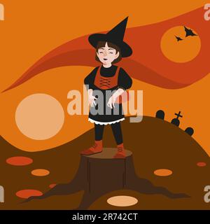 Halloween-Hexe mit nettem Gesicht, Kürbiskorb mit Süßigkeiten, steht auf einem Stumpf. Herbstlandschaft, Fledermäuse und Gräber. Flachvektor-Illustration Stock Vektor