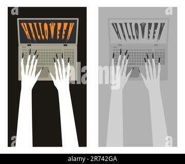 Hexenhände verwenden Laptop Halloween Party Einladungsvorlage zwei Seiten des Flyers Hintergrund für Social Media Stories Design Copy Space Vertical Vector Stock Vektor