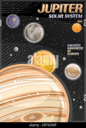 Vektorposter für Jupiter, vertikales Banner mit Darstellung rotierender kugelförmiger Satelliten um den jupiter-Planeten auf schwarzem Sternenhintergrund, dekorativ Stock Vektor