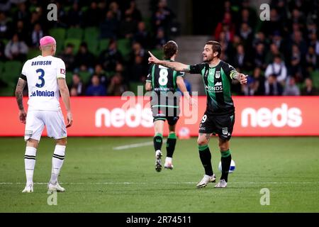 MELBOURNE, AUSTRALIEN - MAI 17: Joshua Risdon von Western United während des A-League Semi Final Fußballspiels zwischen Western United und Melbourne Victory im AAMI Park am 17. Mai 2022 in Melbourne, Australien. Stockfoto