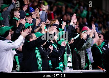 MELBOURNE, AUSTRALIEN – MAI 17: Fans von Western United jubeln am 17. Mai 2022 im AAMI Park in Melbourne, Australien, beim A-League-Halbfinale zwischen Western United und Melbourne Victory. Stockfoto