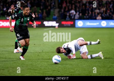 MELBOURNE, AUSTRALIEN - 17. MAI: Rai of Melbourne Victory Falls während des A-League Semi Final Fußballspiels zwischen Western United und Melbourne Victory im AAMI Park am 17. Mai 2022 in Melbourne, Australien. Stockfoto