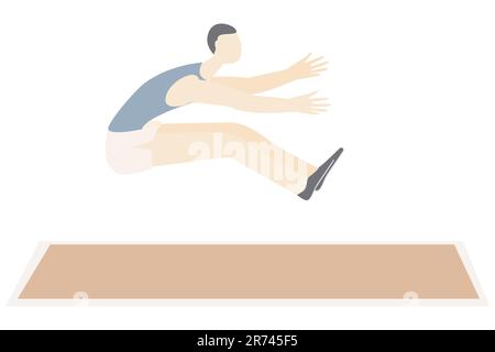 Long Jump männlicher Athlet springt im Stadion Vector Flat Sports Leute illustrieren Sommerspiele Sportler Dreifachsprung isoliert auf weißem Hintergrund Stock Vektor