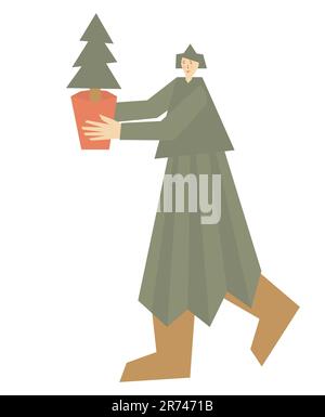 Der Mann trägt den Weihnachtsbaum im Topf. Frau in Weihnachtsbaumkostüm. Fröhliche, festliche Stimmung. Geschenk-Zeit-Vektor-Illustration. Isoliert auf weißem Ba Stock Vektor