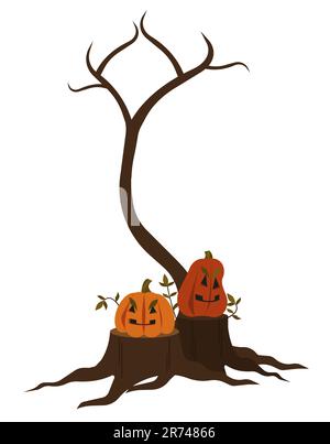 Kürbisse auf Stümpfen, Herbstbaum ohne Blätter. Isoliertes halloween-Objekt auf weißem Hintergrund. Vektordarstellung der flachen Konstruktion. Stock Vektor