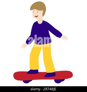 Little Boy Ride Skateboard Young Skater auf einem Longboard Vector Illustration isoliert auf weißem Hintergrund Stock Vektor
