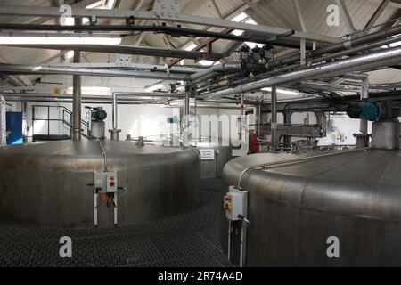 Der Edelstahlspülstoff in der Laphroaig-Destillerie auf der Isle of Islay Stockfoto