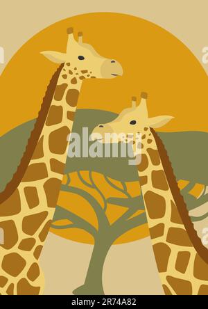 Illustrationsposter mit afrikanischen Savannah-Safari-Tieren. Stock Vektor