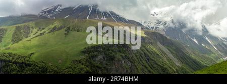 Bergpanorama. Die Berge sind durch Klimazonen von Wiesen und Wäldern bis zu schneebedeckten Gipfeln getrennt. Stockfoto