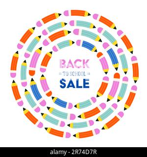 Leuchtende Farben Back-to-School-Hintergrunddesign. Geometrische flache Illustration, Banner und Poster mit bunten Bleistiften Stock Vektor