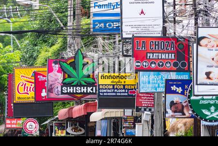 Pattaya, Thailand - Juni 13. 2023: Nach der Legalisierung von Cannabis in Thailand haben sich Orte, die Cannabisprodukte verkaufen, vermehrt, auch zwischen Bars und Stockfoto