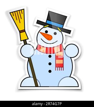 Aufkleber mit lächelndem Schneemann im Hut mit Besenvektordarstellung isoliert auf weißem Hintergrund Stock Vektor