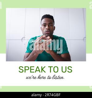 Zusammensetzung von "Rede mit uns"... wir sind hier, um Text und afroamerikanischen Mann zu hören Stockfoto