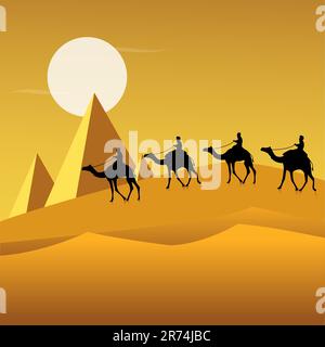 Abbildung von Touristen auf Kamelen in Wüste Stock Vektor